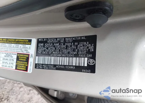 2008 Toyota Camry Le z USA, uszkodzony, nr VIN 4T1BE46K18U753045